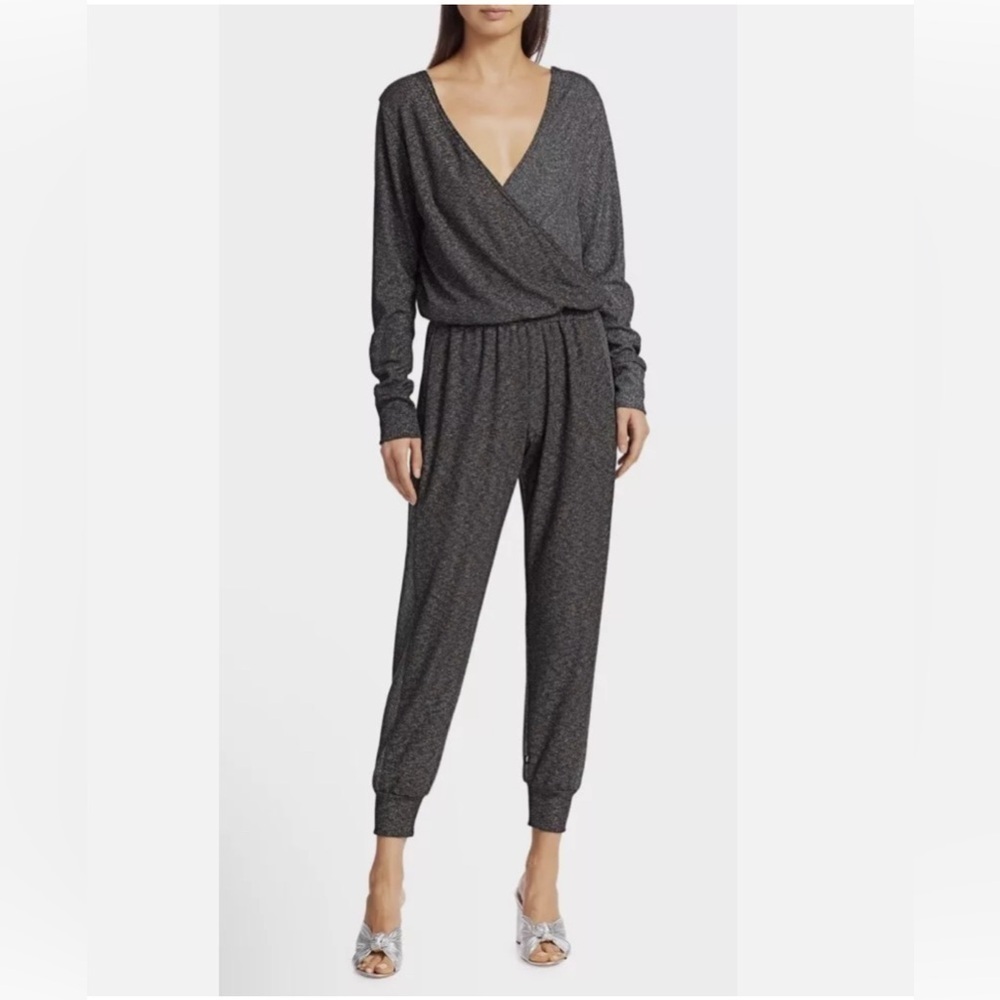 Terez Metallic-Knit Silver Shimmer Wrap Jumpsuit Size Medium